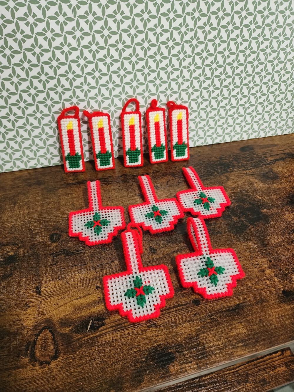 Handmade Red & White Cross-Stitch Christmas Ornaments - Set of 9